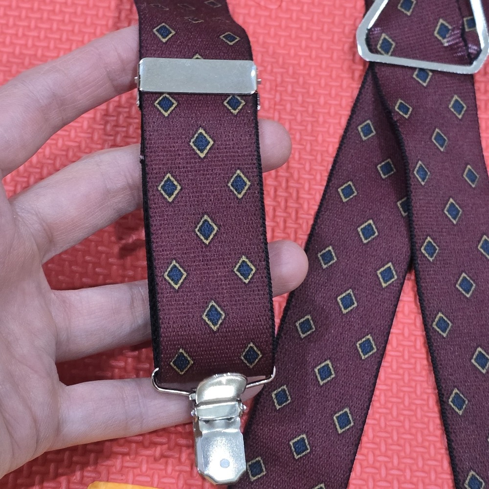 Vintage Men's Suspenders‎ X-Back Maroon Burgundy Diamond LUCKY USA Clips - Picture 4 of 7